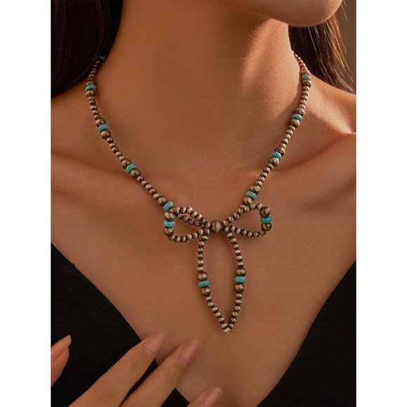 🆕 Women Blue Western Bow Pearl Necklace Trendy Dainty Cowgirl Birthday Jewelry - Picture 3 of 7